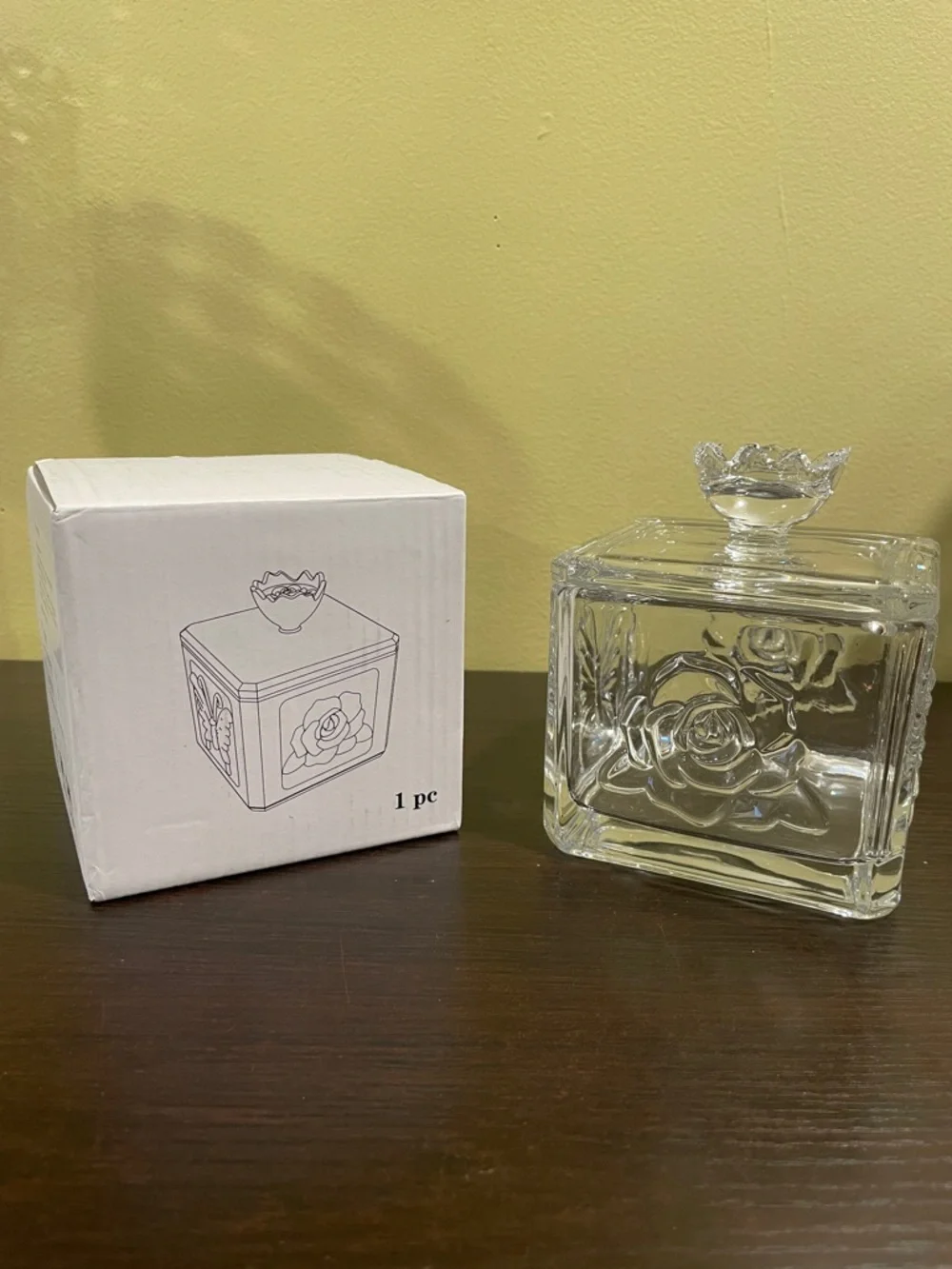 Embossed Glass Rose & Butterfly Jar • Floral Lid • Jewelry/Trinket Storage • NWT